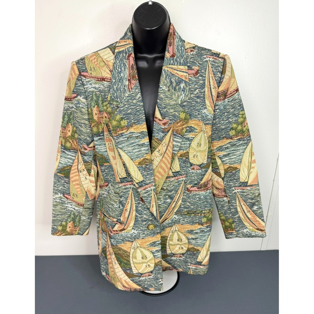 VTG Taboh Men's Size Small Nautical Sail Jacquard Blazer Jacket Green Yellow